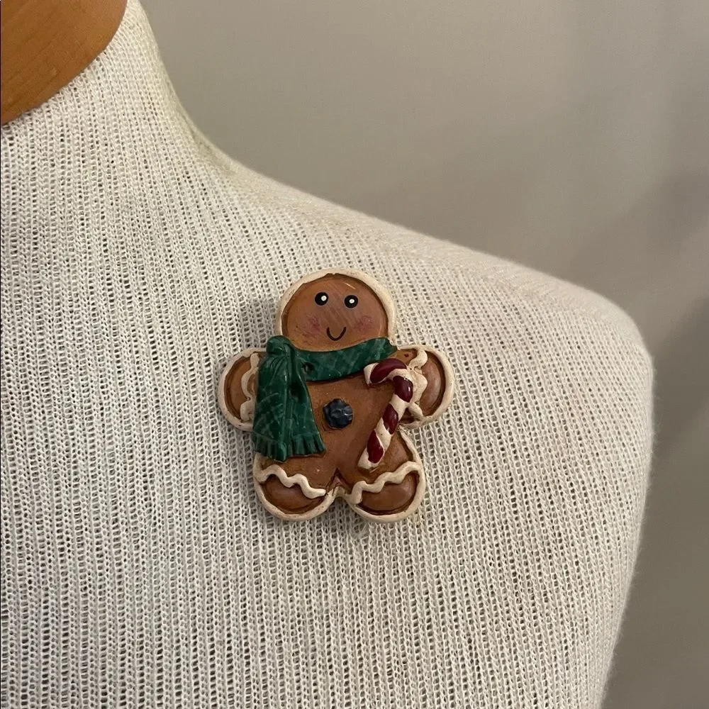 Vintage Festive Gingerbread Man Pin with Green Scarf & Candy Cane Christmas Pin